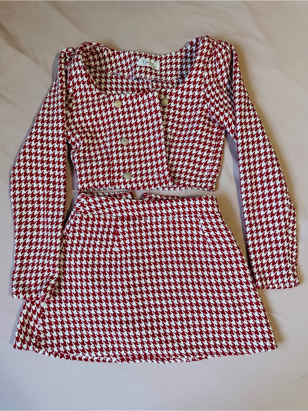 Red & White Houndstooth Two-Piece Skirt Set